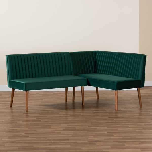 Baxton Studio Alvis Mid-Century Modern Emerald Green Velvet Upholstered and Walnut Brown Finished Wood 2-Piece Dining Nook Banquette Set