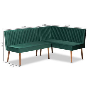 Baxton Studio Alvis Mid-Century Modern Emerald Green Velvet Upholstered and Walnut Brown Finished Wood 2-Piece Dining Nook Banquette Set