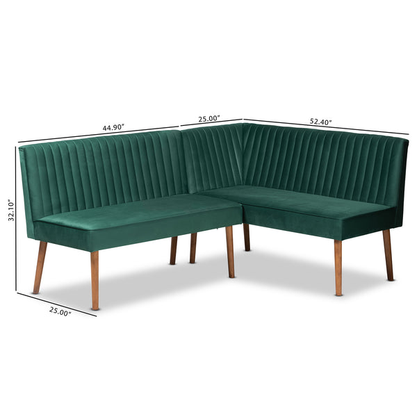 Baxton Studio Alvis Mid-Century Modern Emerald Green Velvet Upholstered and Walnut Brown Finished Wood 2-Piece Dining Nook Banquette Set
