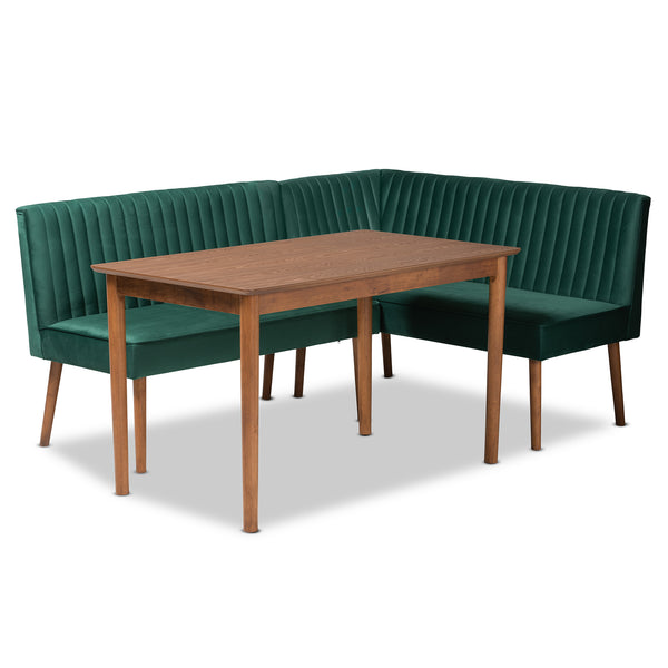 Baxton Studio Alvis Mid-Century Modern Emerald Green Velvet Upholstered and Walnut Brown Finished Wood 3-Piece Dining Nook Set
