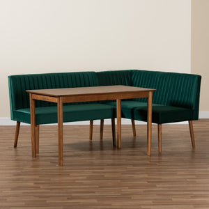 Baxton Studio Alvis Mid-Century Modern Emerald Green Velvet Upholstered and Walnut Brown Finished Wood 3-Piece Dining Nook Set