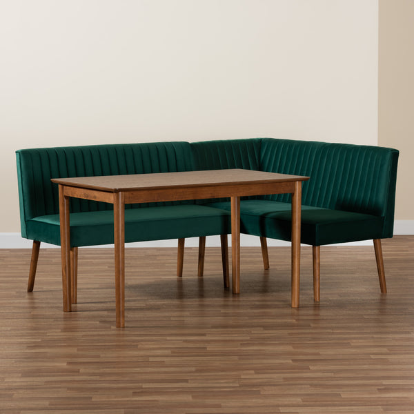 Baxton Studio Alvis Mid-Century Modern Emerald Green Velvet Upholstered and Walnut Brown Finished Wood 3-Piece Dining Nook Set