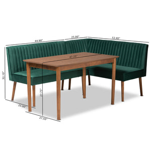 Baxton Studio Alvis Mid-Century Modern Emerald Green Velvet Upholstered and Walnut Brown Finished Wood 3-Piece Dining Nook Set
