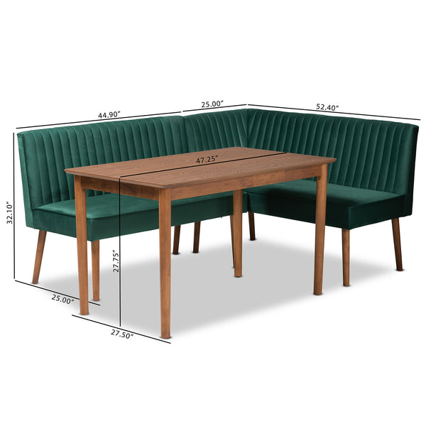 Baxton Studio Alvis Mid-Century Modern Emerald Green Velvet Upholstered and Walnut Brown Finished Wood 3-Piece Dining Nook Set