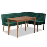 Alvis Mid-Century Modern Velvet Upholstered and Walnut Brown Finished Wood Dining Nook Set