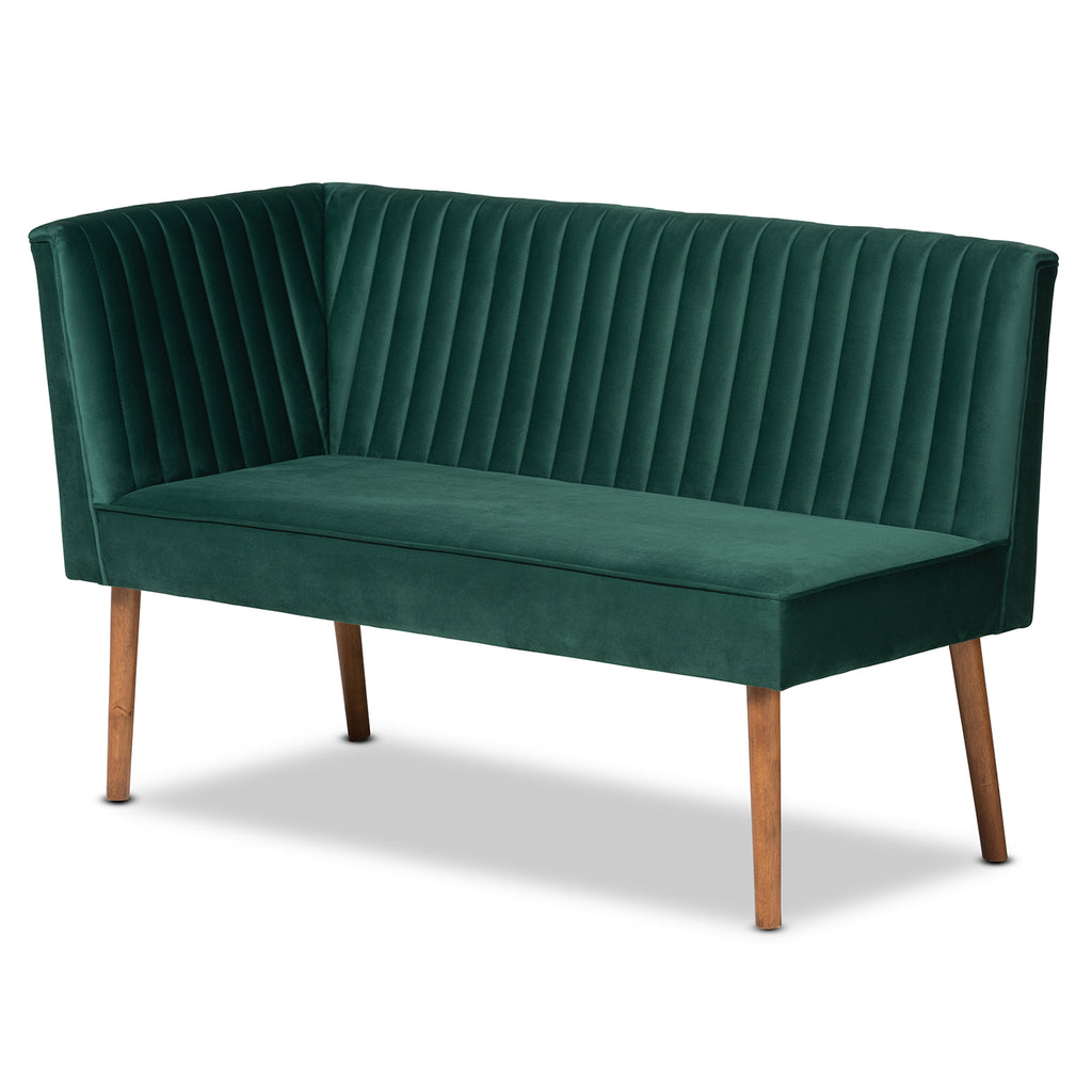 Baxton Studio Alvis Mid-Century Modern Emerald Green Velvet Upholstered and Walnut Brown Finished Wood 3-Piece Dining Nook Set