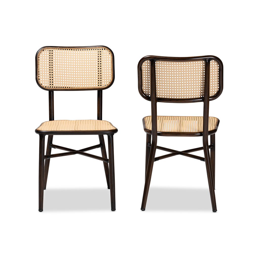 Baxton Studio Katina Mid-Century Modern Dark Brown Finished Metal and Synthetic Rattan 2-Piece Outdoor Dining Chair Set
