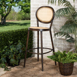 Baxton Studio Thalia Mid-Century Modern Dark Brown Finished Metal and Synthetic Rattan Outdoor Bar Stool