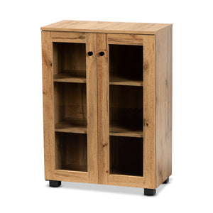 Mason Modern and Contemporary Oak Brown Finished Wood 2-Door Storage Cabinet with Glass Doors