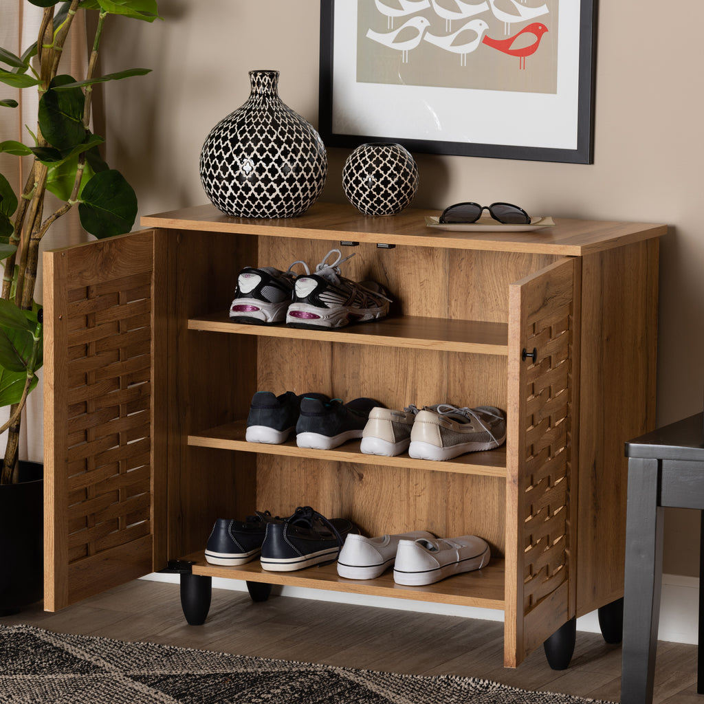 Winda Modern and Contemporary Oak Brown Finished Wood 2-Door Shoe Cabinet