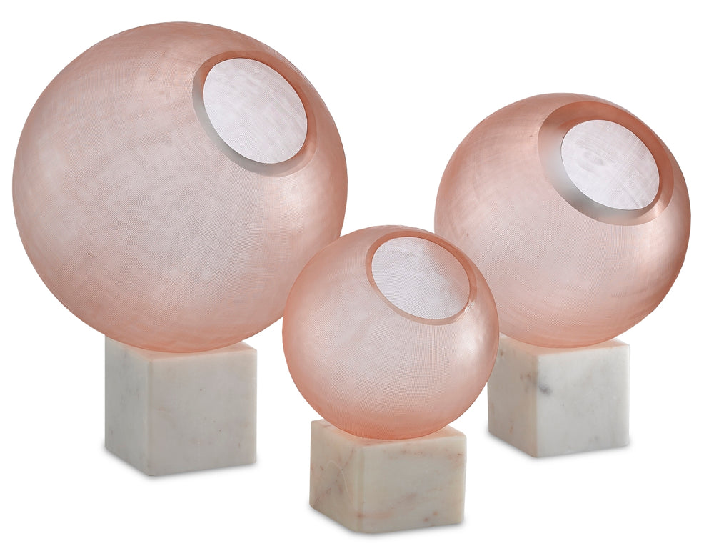 Fresno Orb Set - Elegant Pale Pink Glass Sculptures on White Marble Blocks for Stunning Decor