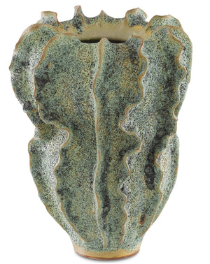 Sunken Boat Swirl Vase - Handcrafted Moss Green Terracotta Artistry from Burmese Artisans, 13" Tall