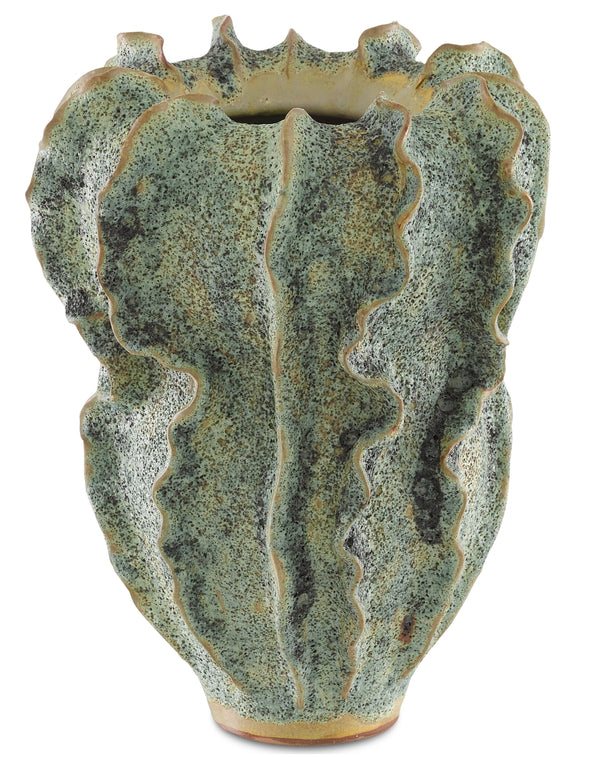 Sunken Boat Swirl Vase - Handcrafted Moss Green Terracotta Artistry from Burmese Artisans, 13" Tall