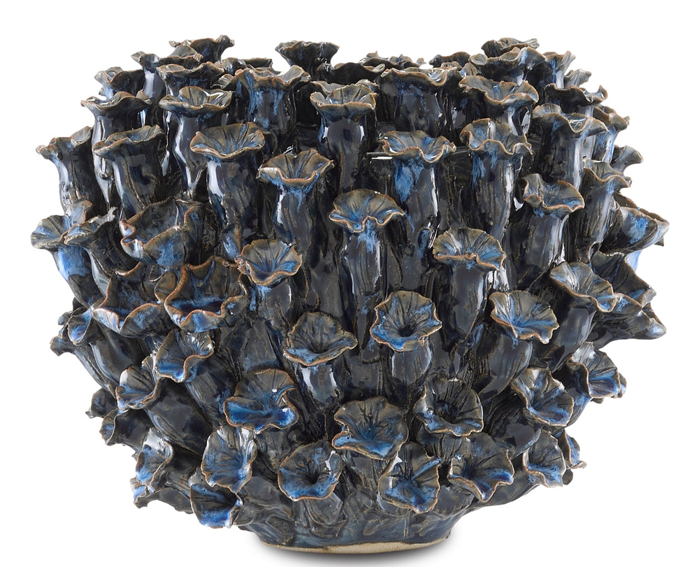 Manitapi Hand-Thrown Small Vase - Unique Blue Terracotta Design with Handmade Floral Accents