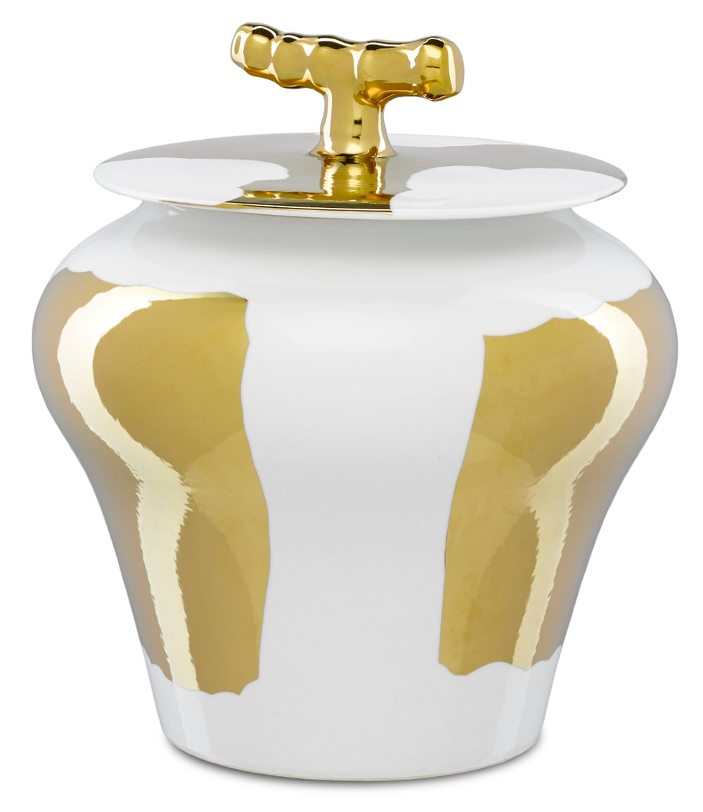 Brill White Large Jar – Exquisite Gold-Glazed Porcelain with Bamboo Handle, 13.625" Height, Indoor Use