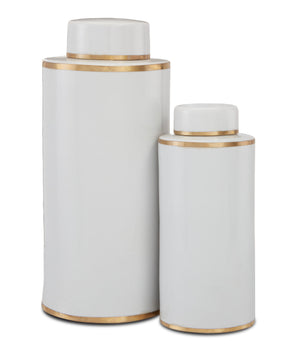 Ivory Hand-Painted Tea Canister Set of 2 – Elegant Stoneware with Antique Brass Rings for Charm