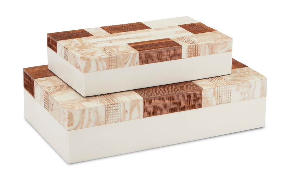 1940s Decorative Box Set of 2 - Stylish Tan & Ivory Storage with Wood, Composite & Linen Finish