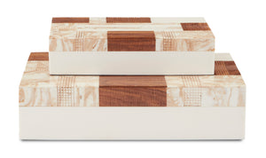 1940s Decorative Box Set of 2 - Stylish Tan & Ivory Storage with Wood, Composite & Linen Finish