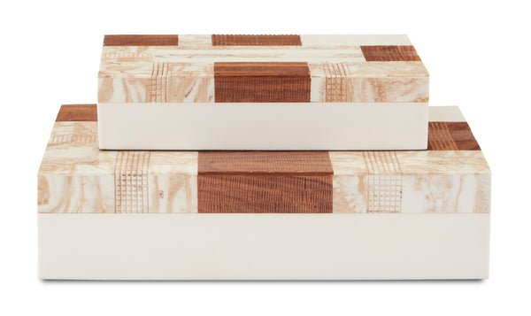 1940s Decorative Box Set of 2 - Stylish Tan & Ivory Storage with Wood, Composite & Linen Finish