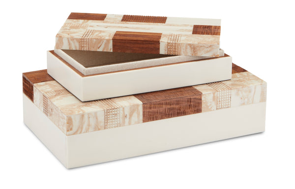 1940s Decorative Box Set of 2 - Stylish Tan & Ivory Storage with Wood, Composite & Linen Finish