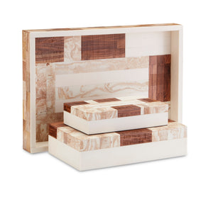 1940s Decorative Box Set of 2 - Stylish Tan & Ivory Storage with Wood, Composite & Linen Finish