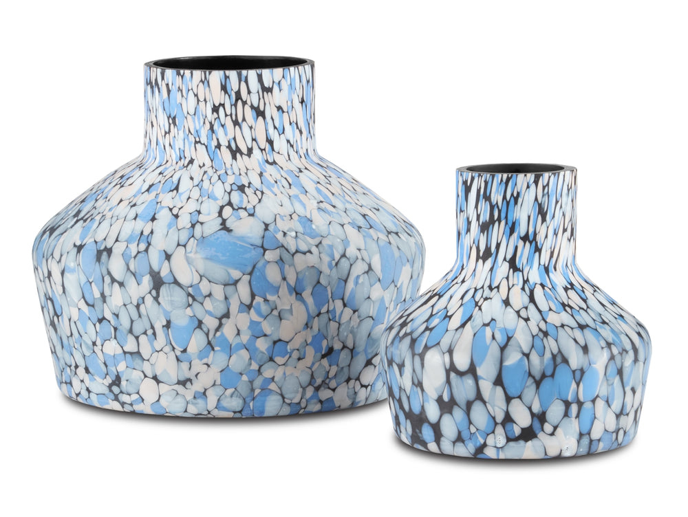 Niva Blue Confetti Vase Set of 2 - Artful Black Glass Decor with Stylish Swirls and Texture