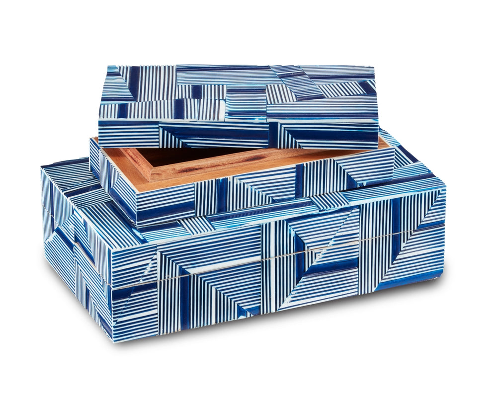 Cade Blue Box Set of 2 - Stylish Solid Wood Nesting Boxes with Dynamic Patterns for Home Decor