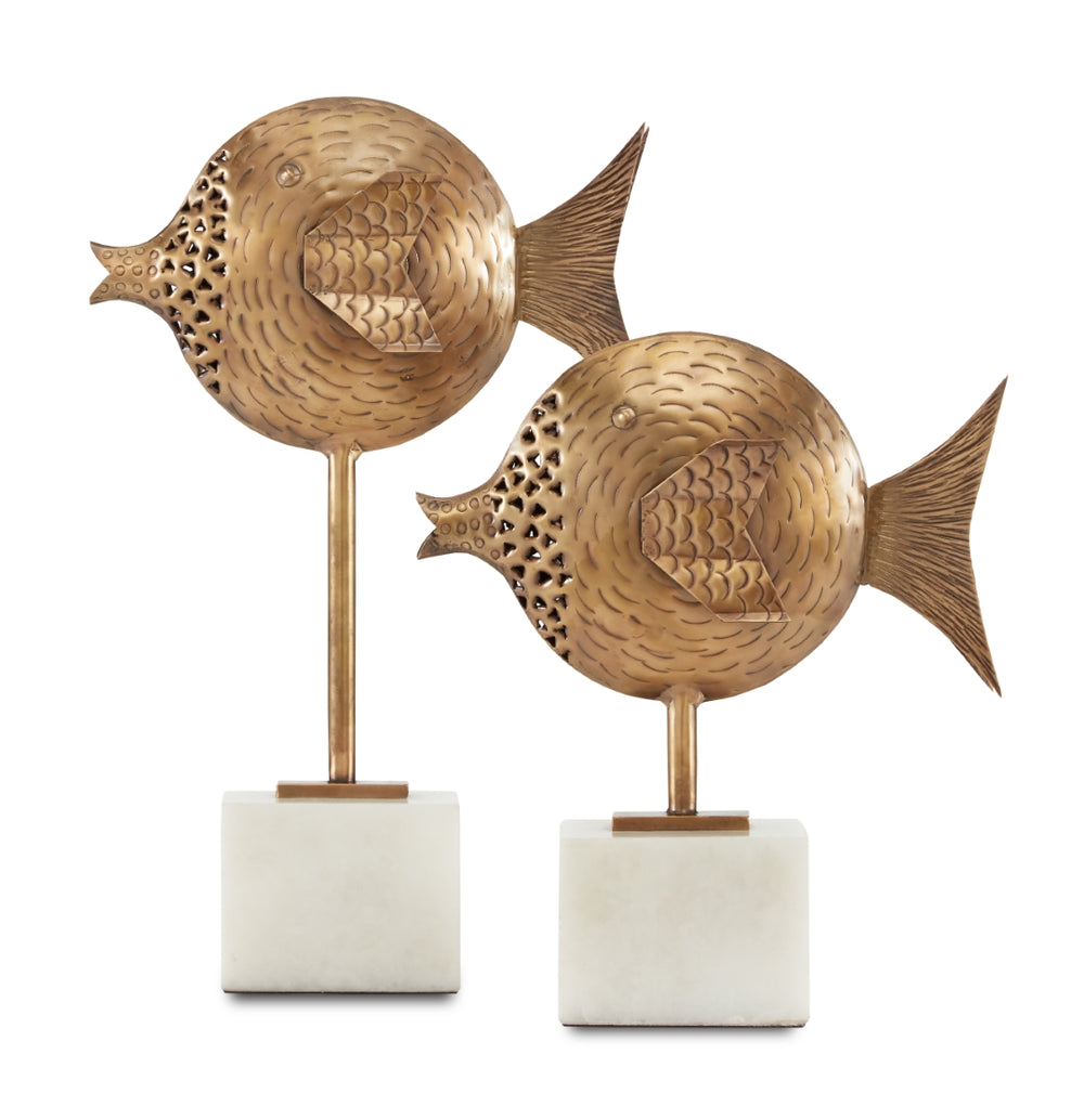 Cici Brass Fish Set of 2 - Unique Antique Decor Sculptures on Elegant White Marble Bases