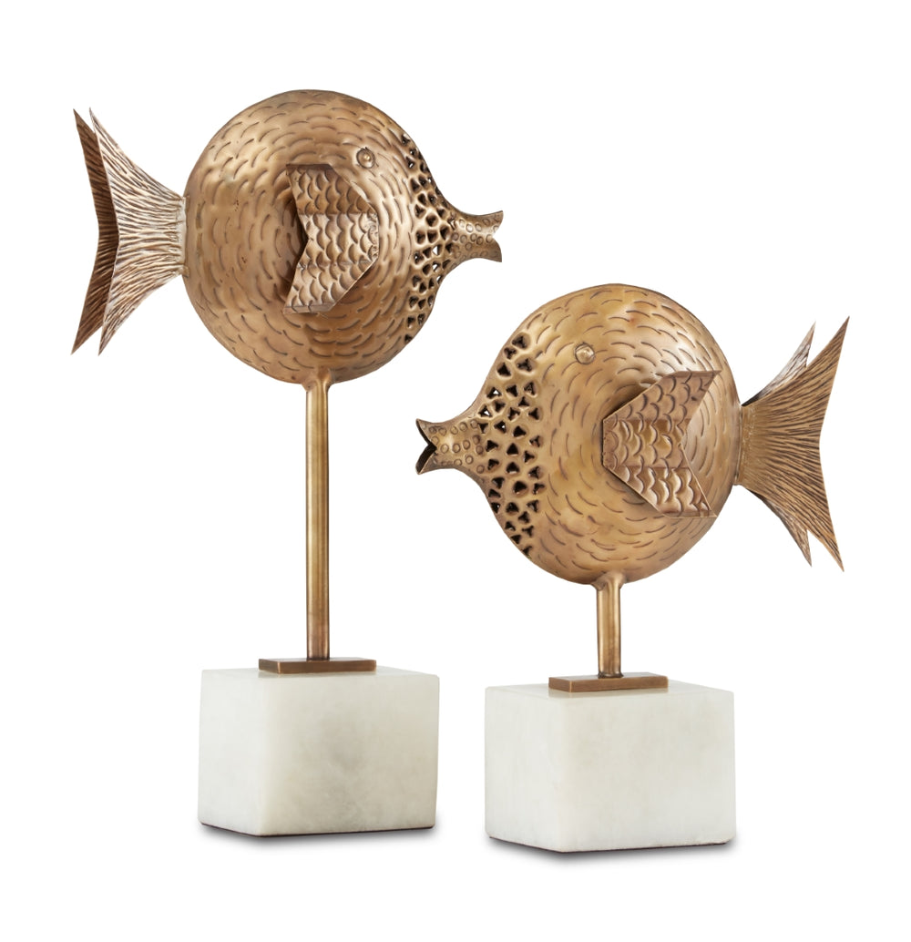 Cici Brass Fish Set of 2 - Unique Antique Decor Sculptures on Elegant White Marble Bases