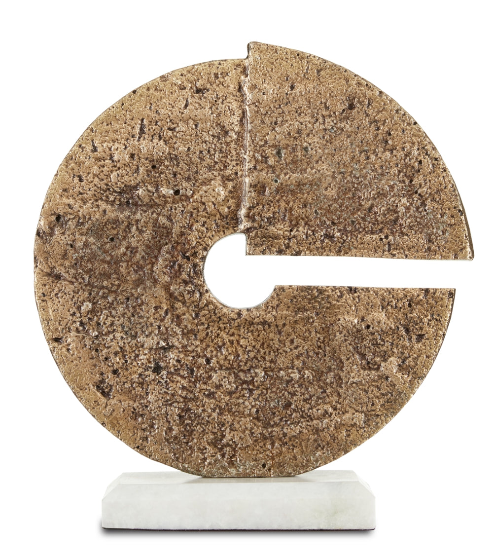 Daman Brass Disc - Textured Aged Brass Sculpture on Beveled Marble Base for Unique Home Décor