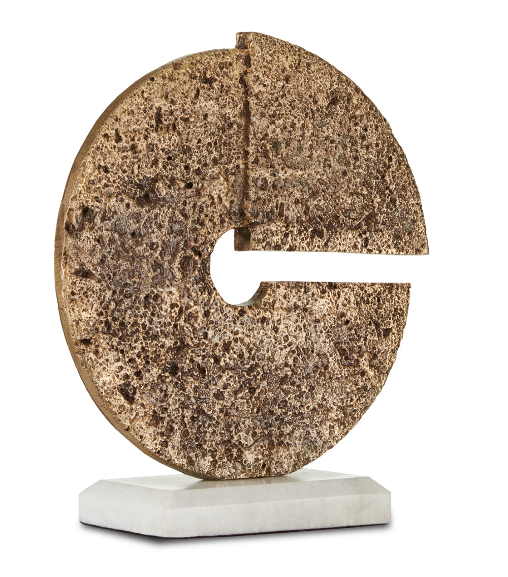 Daman Brass Disc - Textured Aged Brass Sculpture on Beveled Marble Base for Unique Home Décor