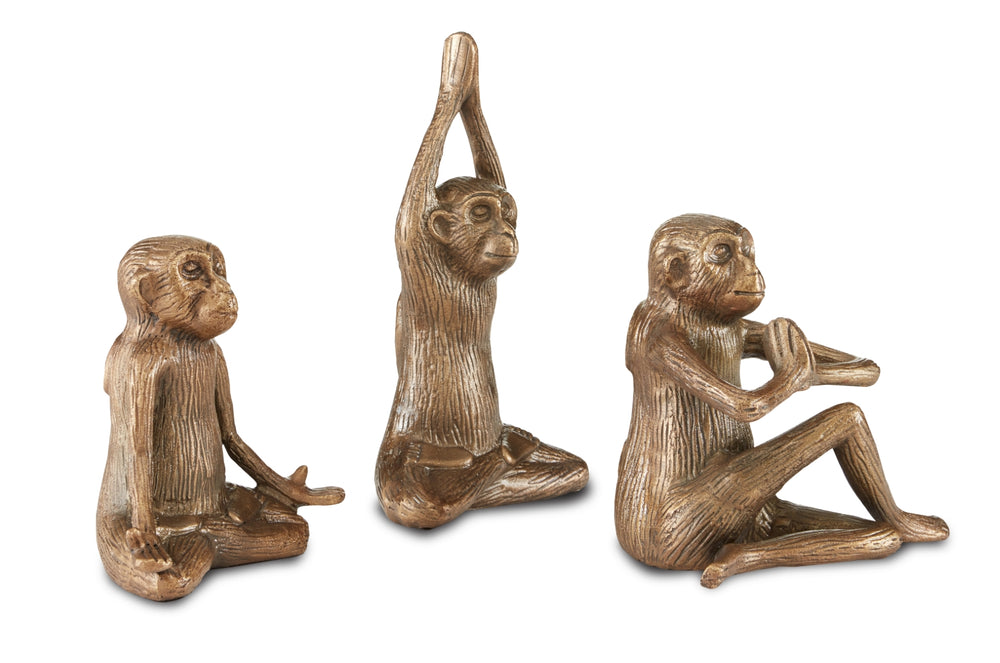 Zen Monkey Set of 3 Antique Brass Sculptures – Adorable Cast Aluminum Decor for a Tranquil Space