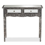 Baxton Studio Wycliff Industrial Glam and Luxe Silver Finished Metal and Mirrored Glass 2-Drawer Console Table