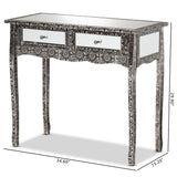 Baxton Studio Wycliff Industrial Glam and Luxe Silver Finished Metal and Mirrored Glass 2-Drawer Console Table