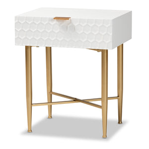 Marcin Contemporary Glam and Luxe White Finished Wood and Gold Metal 1-Drawer Nightstand