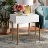 Marcin Contemporary Glam and Luxe White Finished Wood and Gold Metal 1-Drawer Nightstand