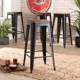 Baxton Studio Horton Modern and Contemporary Black Metal and Walnut Brown Finished Wood 4-Piece Bar Stool Set