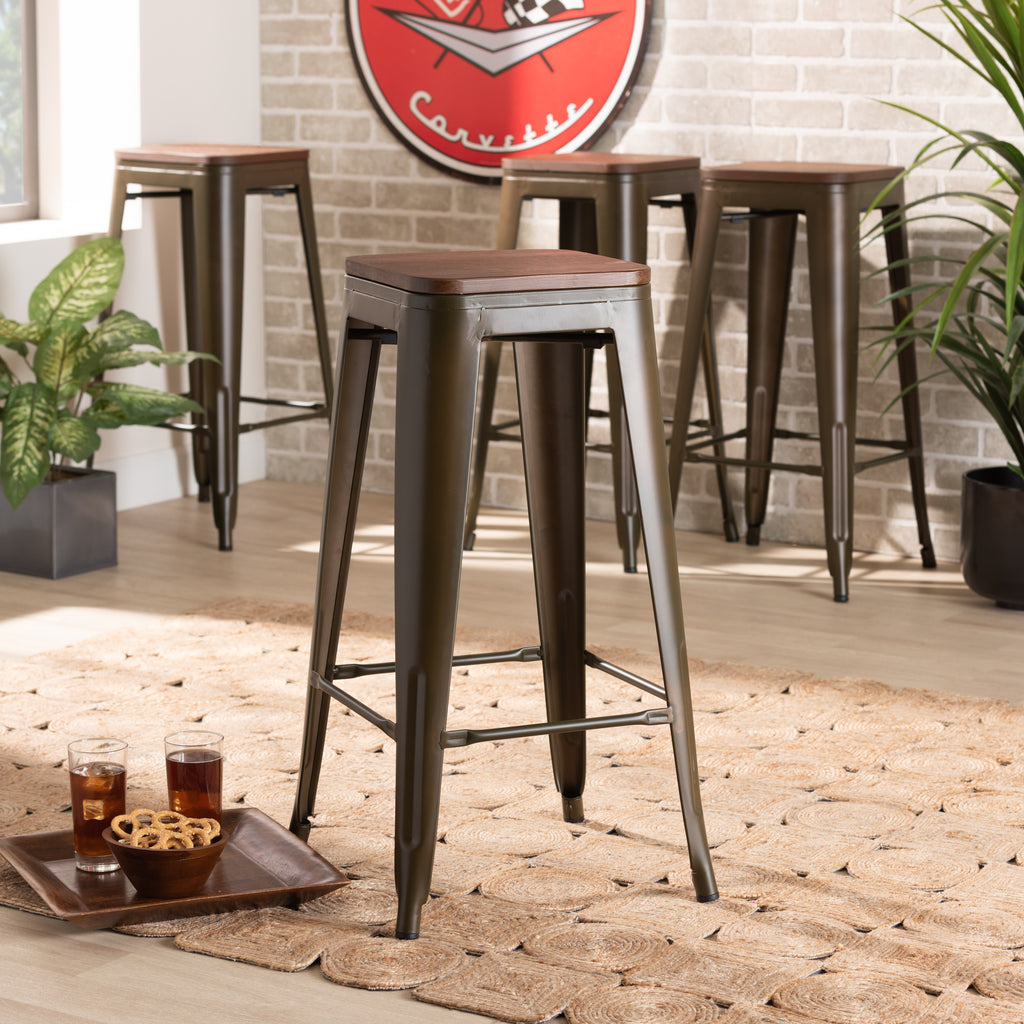 Baxton Studio Horton Modern and Contemporary Brown Metal and Walnut Brown Finished Wood 4-Piece Bar Stool Set
