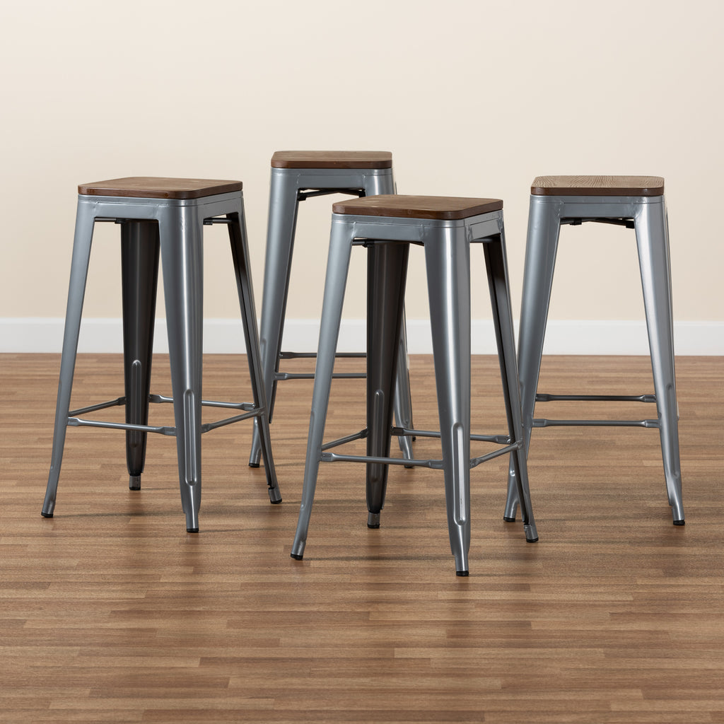 Baxton Studio Horton Modern and Contemporary Grey Metal and Walnut Brown Finished Wood 4-Piece Bar Stool Set