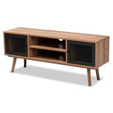 Yuna Mid-Century Modern Transitional Natural Brown Finished Wood and Black Metal 2-Door TV Stand