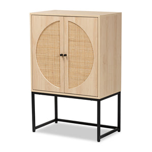Ardon Bohemian Light Brown Finished Wood and Black Metal 2-Door Storage Cabinet with Natural Rattan