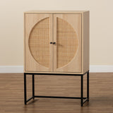 Ardon Bohemian Light Brown Finished Wood and Black Metal 2-Door Storage Cabinet with Natural Rattan