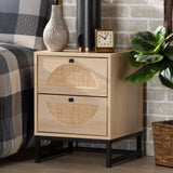 Ardon Bohemian Light Brown Finished Wood and Black Metal 1-Drawer Nightstand with Natural Rattan