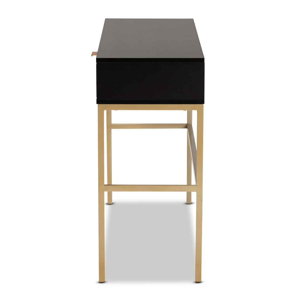 Uriel Mid-Century Modern Transitional Two-Tone Natural Brown and Black Finished Wood and Brushed Gold Metal 1-Drawer Console Table