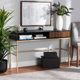 Uriel Mid-Century Modern Transitional Two-Tone Natural Brown and Black Finished Wood and Brushed Gold Metal 1-Drawer Console Table