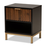 Uriel Mid-Century Modern Transitional Two-Tone Natural Brown and Black Finished Wood and Brushed Gold Metal 1-Drawer Nightstand
