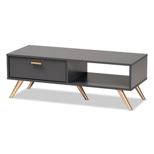 Kelson Modern and Contemporary Dark Grey and Gold Finished Wood Coffee Table