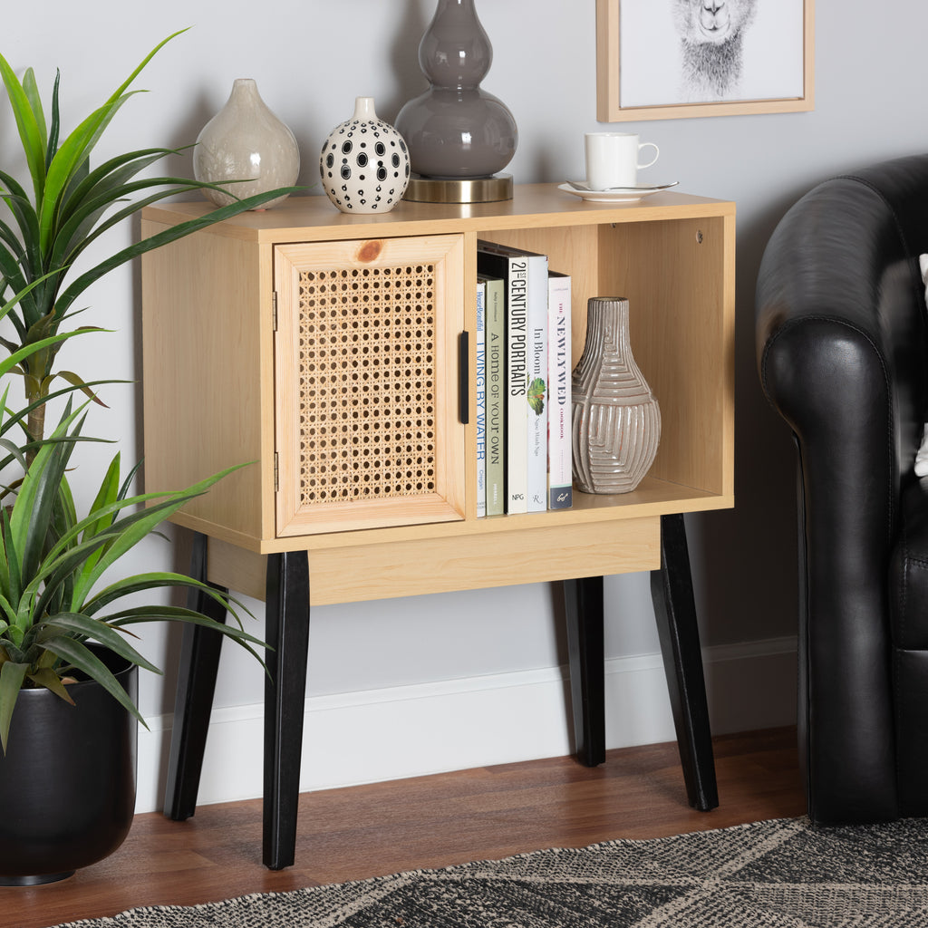 Dacre Mid-Century Modern Transitional Two-Tone Oak Brown and Black Finished Wood 1-Door Console Table with Natural Rattan