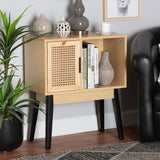 Dacre Mid-Century Modern Transitional Two-Tone Oak Brown and Black Finished Wood 1-Door Console Table with Natural Rattan