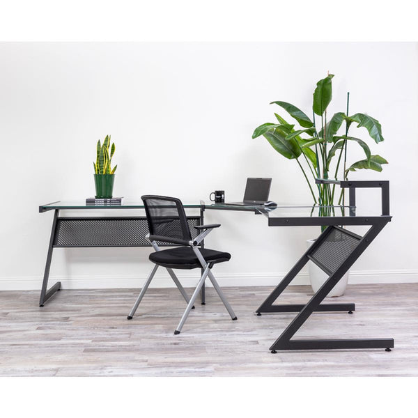 Hilma Stacking Visitor Chair in Black Seat Fabric and Mesh Back with Matte Black Frame - Set of 2